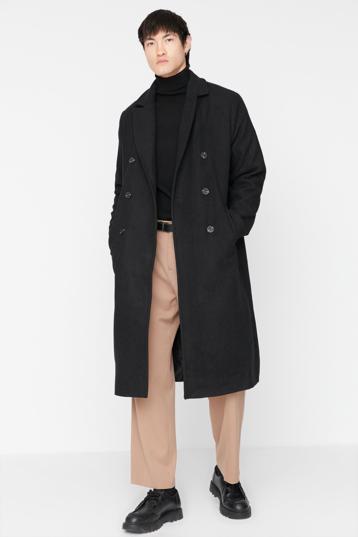 Trendyol Collection Langer, Schwarzer, Zweireihiger Wintermantel Mit Stempelmuster Loose Fit für Herren - S