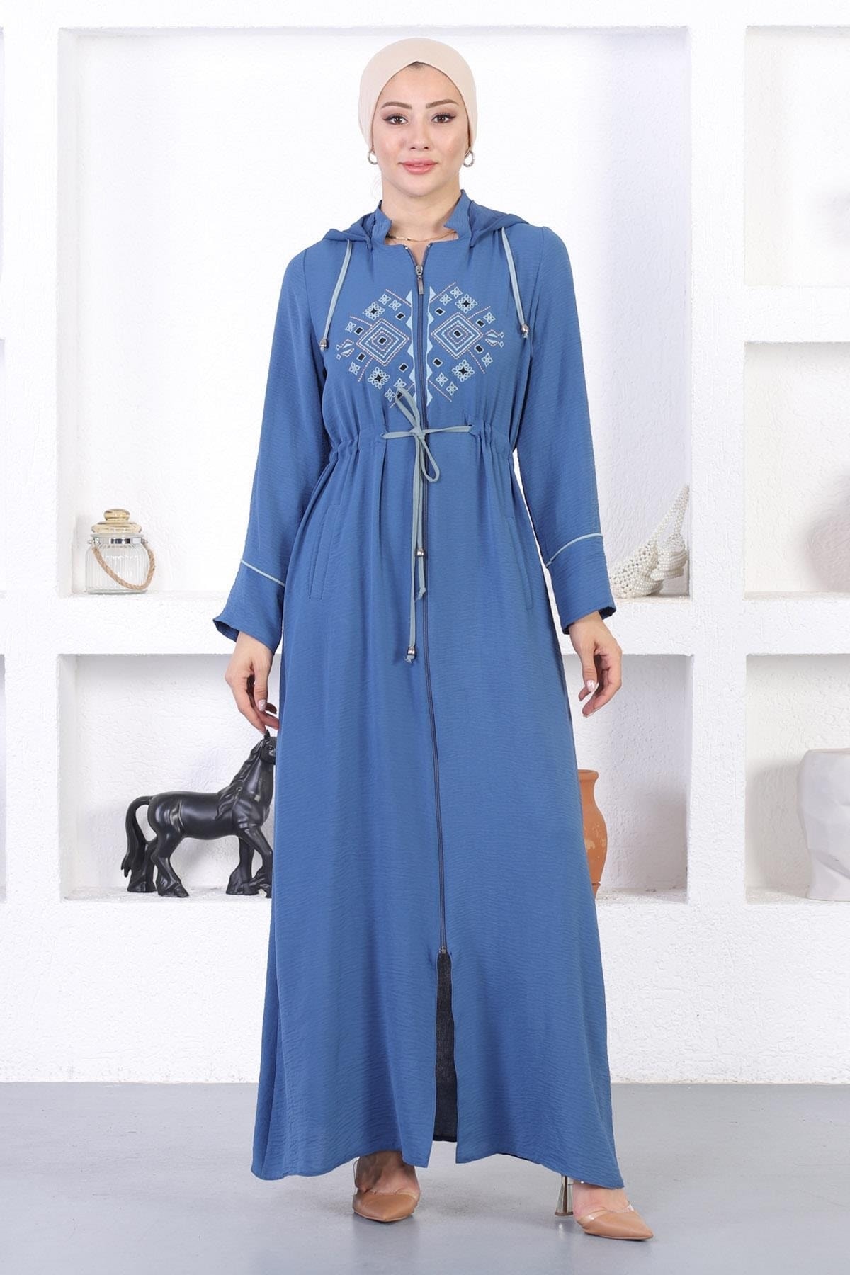 Modamihram Bestickte Abaya Mit Kapuze, Blau für Damen - 40