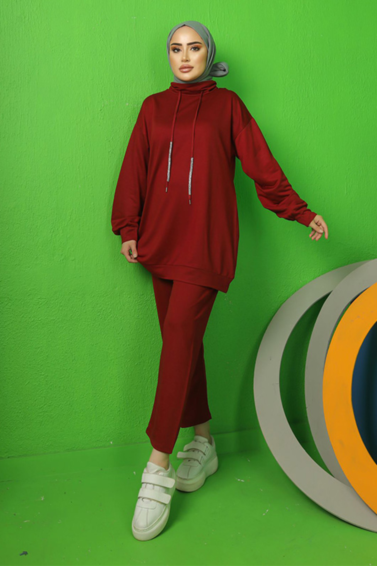 benguen 3410 Zweifädiger Hijab-doppelanzug In Weinrot für Damen - XL