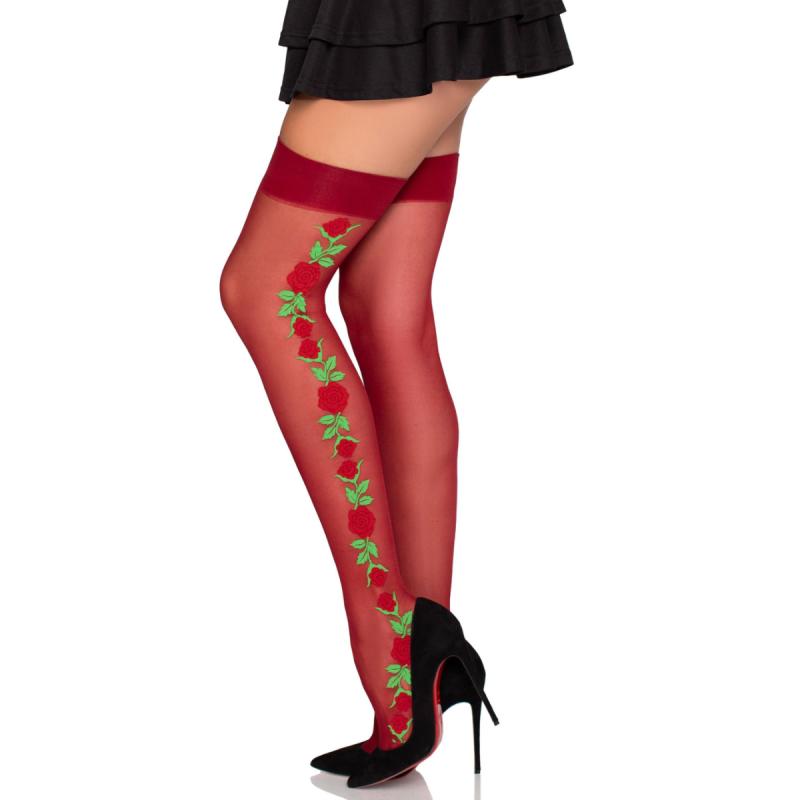 Leg Avenue - Halterlose Strümpfe mit Rosen - Rot