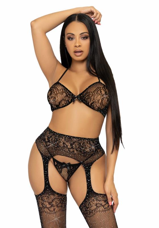 BH-Top, String und Strümpfe - Schwarz