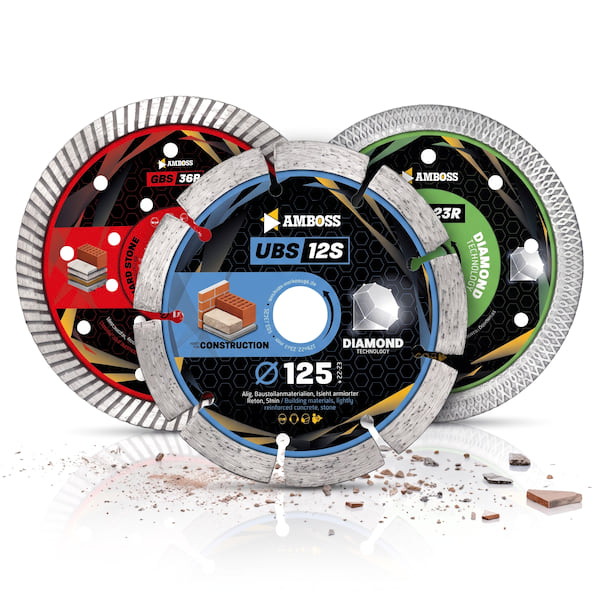 Amboss Diamant-Trennscheiben-Trio - UBS 12S / GBS 36R / FLS 23R - 125 mm Set für Beton Naturstein Fliesen Winkelschleifer Profi Baustelle