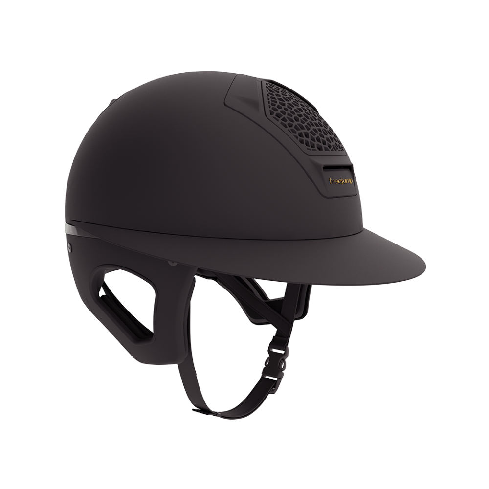Freejump Vorono Reithelm Carbon Fullblack mit breitem Visier in Matt, mit Schläfenschutz