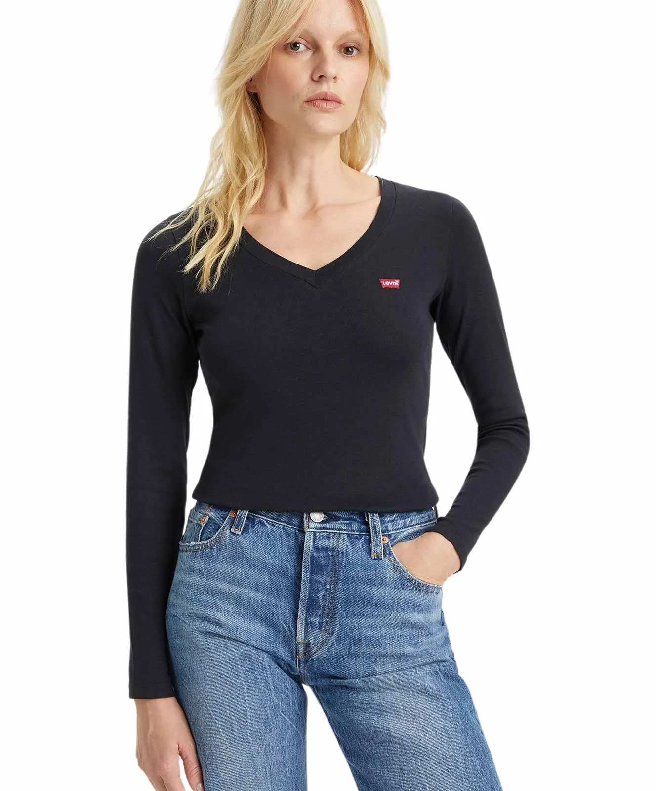 Levis Langarmshirt V-Neck Baby Tee in Caviar