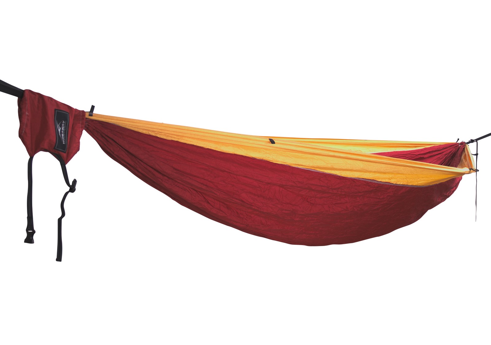 Camper Double Hammock Bordeaux red with yellow gold fringe tree huggers included
