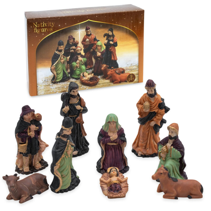 Weihnachtskrippe Figuren 9er Set - Größe L / 4,5 cm bis 11 cm - 9 detailgetreue Krippen Figuren