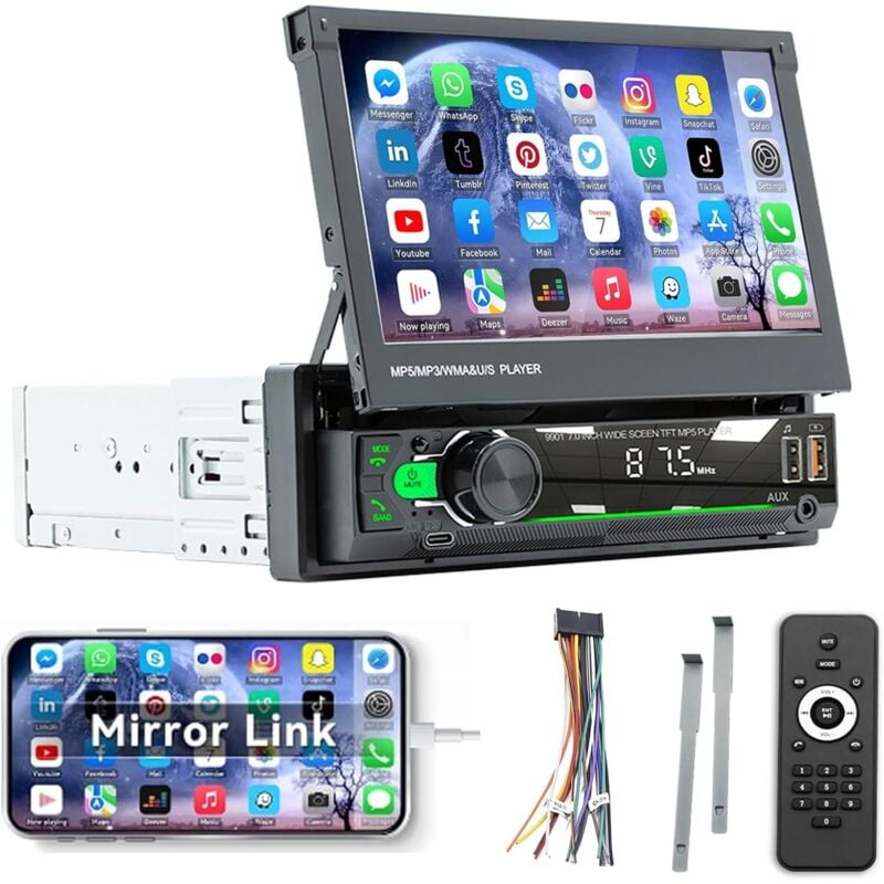 1-DIN-Autoradio mit motorisiertem, einziehbarem 7-Zoll-Touchscreen, Autoradio mit Freisprecheinrichtung, Bluetooth, Mirror Link, FM-Radio,