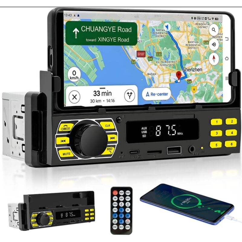 1-Din-Bluetooth-Autoradio mit Handyhalterung, Autoradio mit Bluetooth, Freisprecheinrichtung, FM-Radio/USB/TF/Aux/7 Farben/App lokalisiert