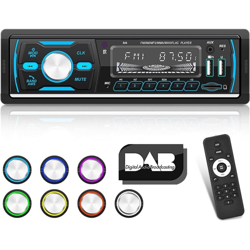 1-Din-DAB+-Autoradio mit Bluetooth – Autoradio mit FM AM RDS – 7 farbig beleuchtete Tasten/USB/U-Disk/AUX + 32G TF-Karte