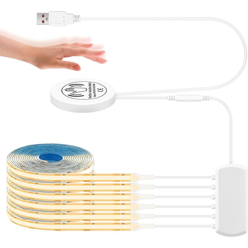 1 m COB-LED-Streifen, 6 Stück COB-LED-Streifen in Warmweiß parallel geschaltet, mit Touch- und manuellem Wischdimmer, zuschneidbare Beleuchtung für