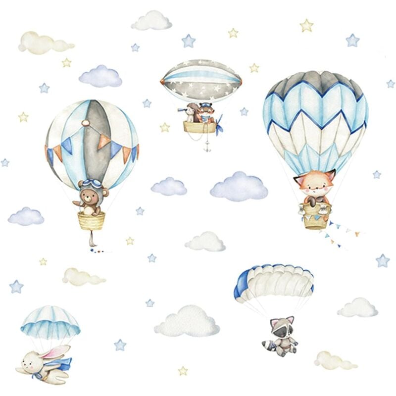 Set Tier-Heißluftballon-Wandaufkleber, Tier-Wandaufkleber in Heißluftballon-Wandaufklebern, Heißluftballons für Kinderzimmer, Baby-Kinderzimmer-Dekor