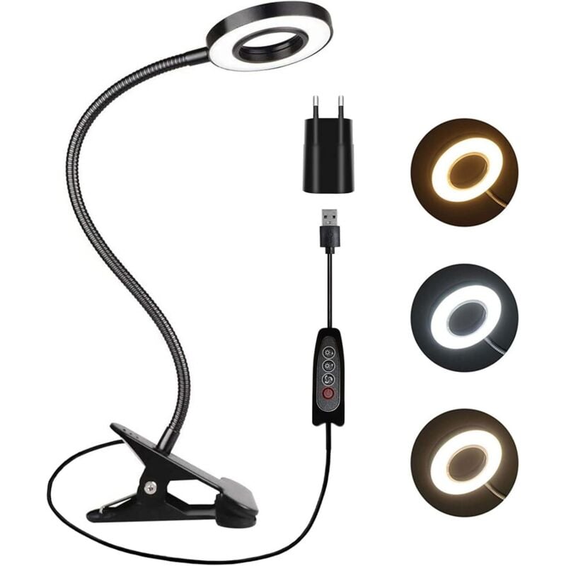 1 Pièce 5W Lampe de Bureau Noire avec Pince et Adaptateur, 48 LED Tattoo Lampe, 3 Couleur et 10 Intensite, LED Lampe USB Flexible, Clip Lampe de