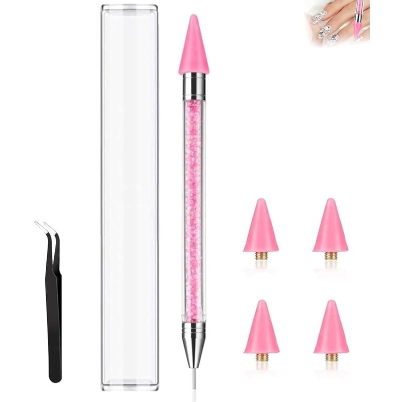 1 Stück Acryl-Kristall-Strasssteine Wachskopf Punktierstift für Nageldesign mit 4 Wachsspitzen Pinzette Rosa für DIY Nail Art Zubehör