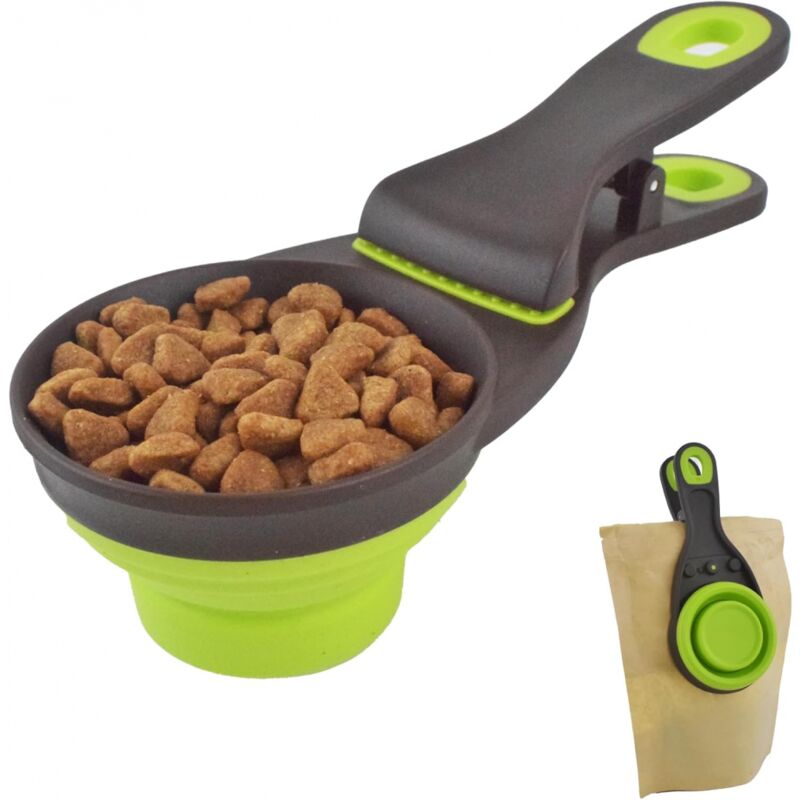 1 Stück Mehrzweck-Tierfutterlöffel, 3-in-1-grüner faltbarer Silikon-Messbecher und Beutelverschlussclip
