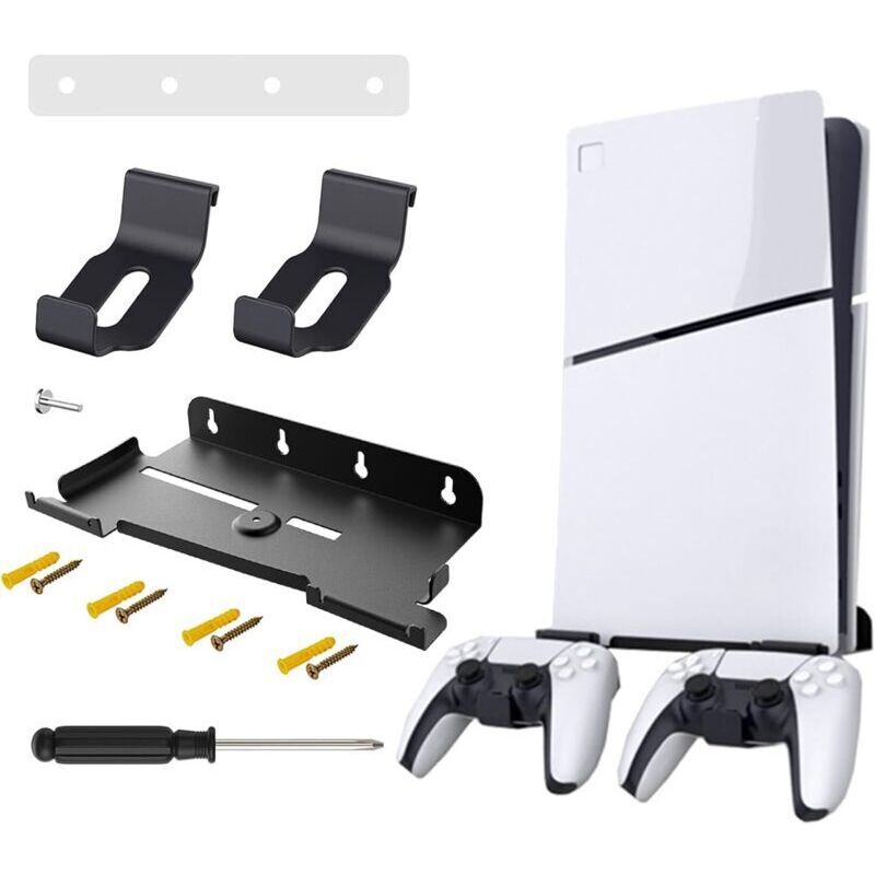 1 Stück PS5 Slim Wandhalterung, Wandhalterung mit 2 Controller-Halterungen, PS5 Wandregal (Disc und Digital Edition), Wandhalterung kompatibel mit
