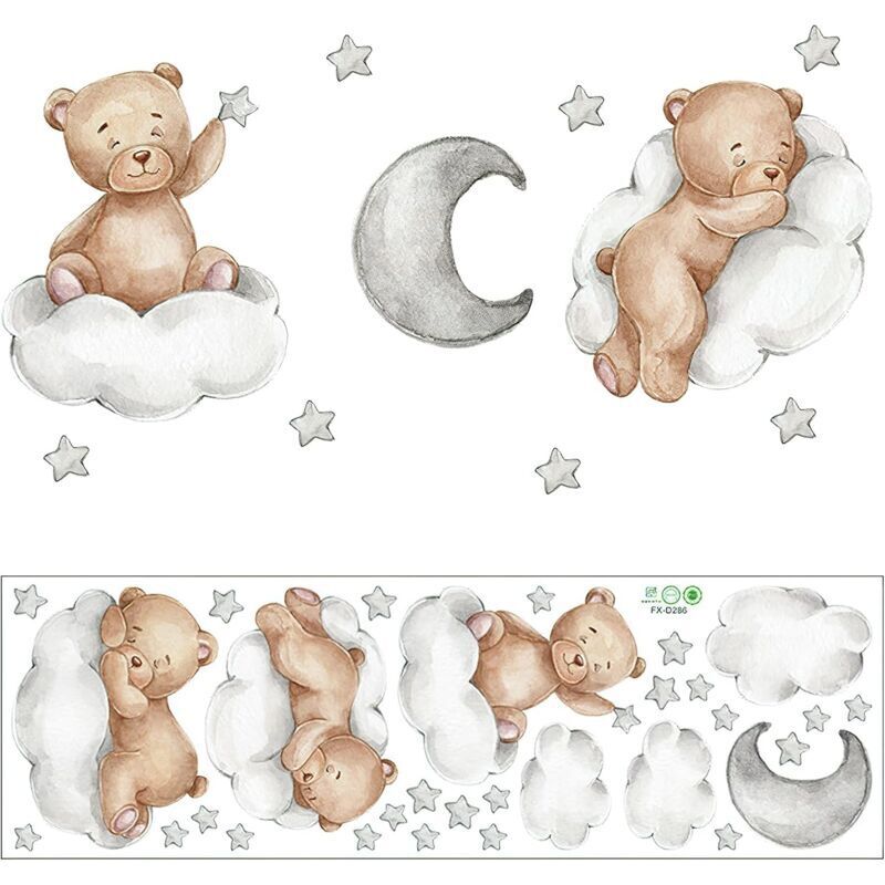 1 Stück Tier-Wandtattoos, Bär, Wolken, Mond und Sterne, abnehmbare Aufkleber, Teddybär-Dekoration für Babyzimmer, Kinderzimmer, Wohnzimmer, Wände,