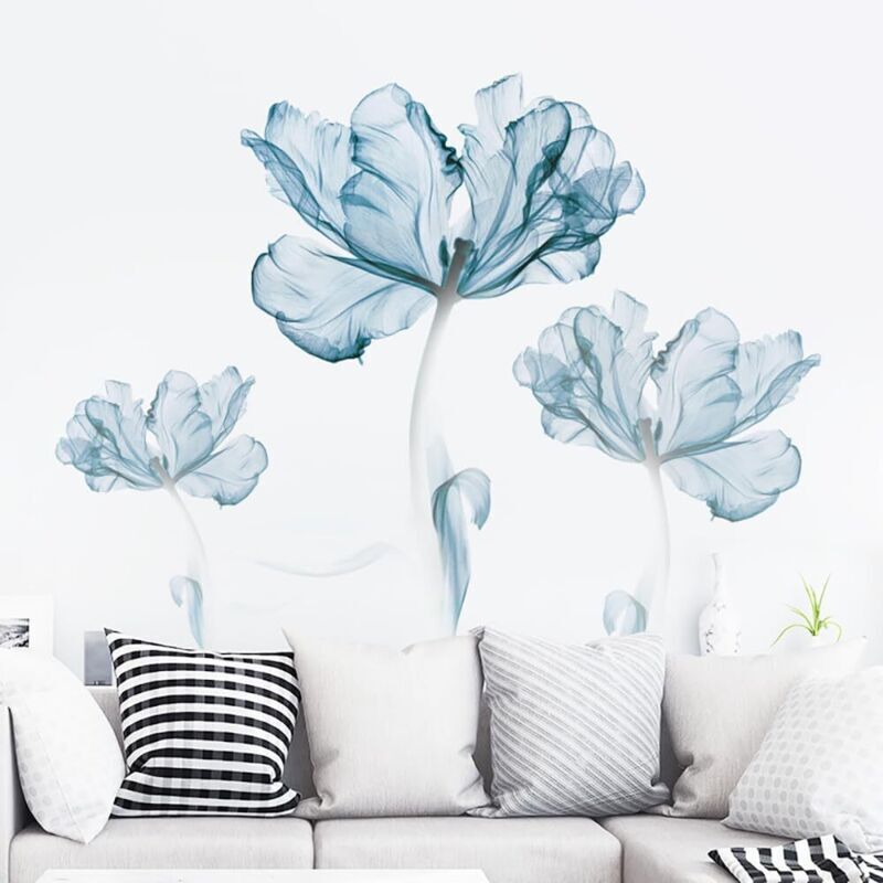 1 Stück Wandaufkleber Mohnblumen, florales Wandtattoo, Aquarellblau, dekorative Aufkleber für Wohnzimmer, Badezimmer, Schlafzimmer