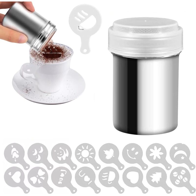 1-teiliger Pulverstreuer aus Edelstahl mit 16 Kaffee-, Puderzucker-, Mehl- und Schokoladenstreuer für Gewürze, Kakao und Cappuccino