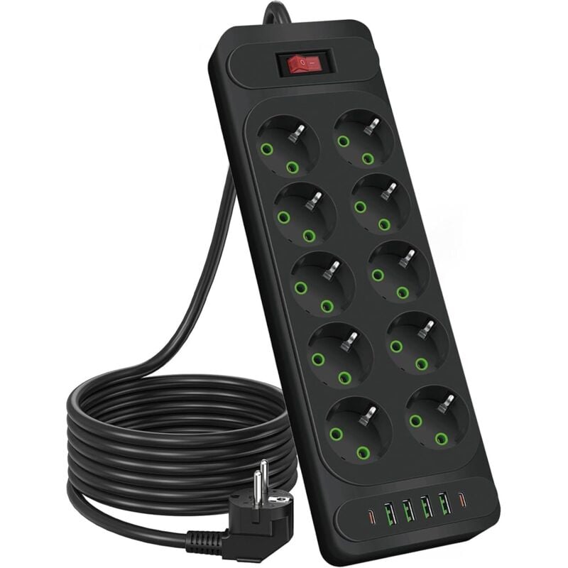 10-fach 2500W Steckdosenleiste mit Schalter, 1,8m Verlängerungskabel, für Smartphones und Tablets, schwarz