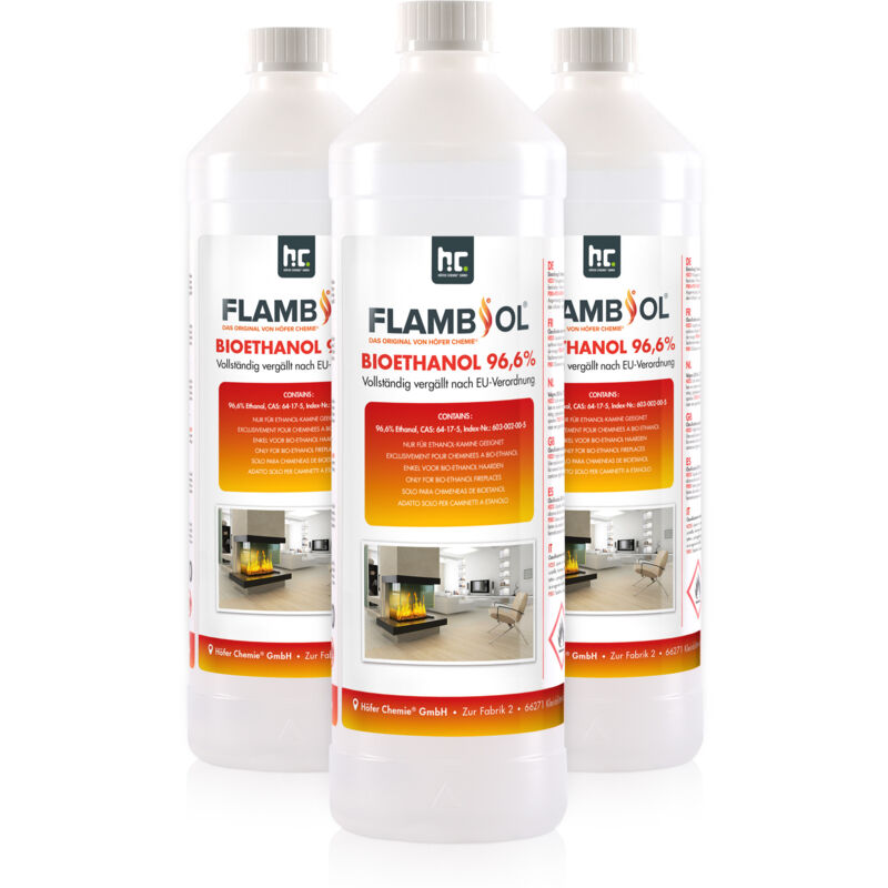 Höfer Chemie Gmbh - 3x 1 l flambiol® Bioethanol 96,6% Premium für Ethanol-Tischkamin in Flaschen
