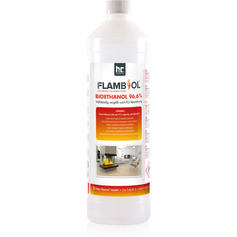 1 L FLAMBIOL® Bioethanol 96,6% Premium für Ethanol-Tischkamin in Flaschen