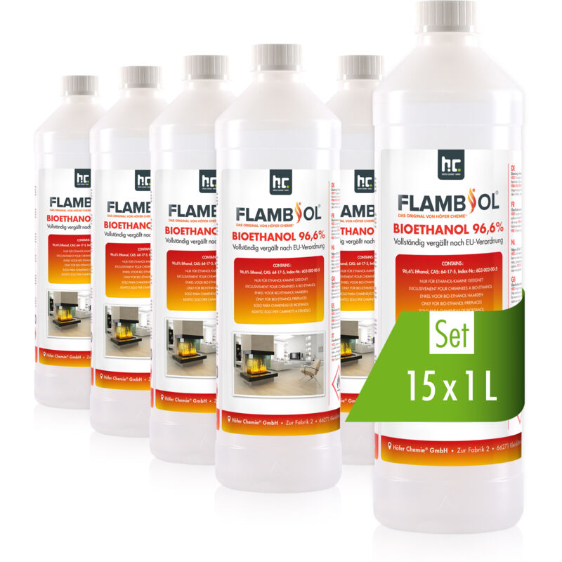 15x 1 L FLAMBIOL® Bioethanol 96,6% Premium für Ethanol-Tischkamin in Flaschen