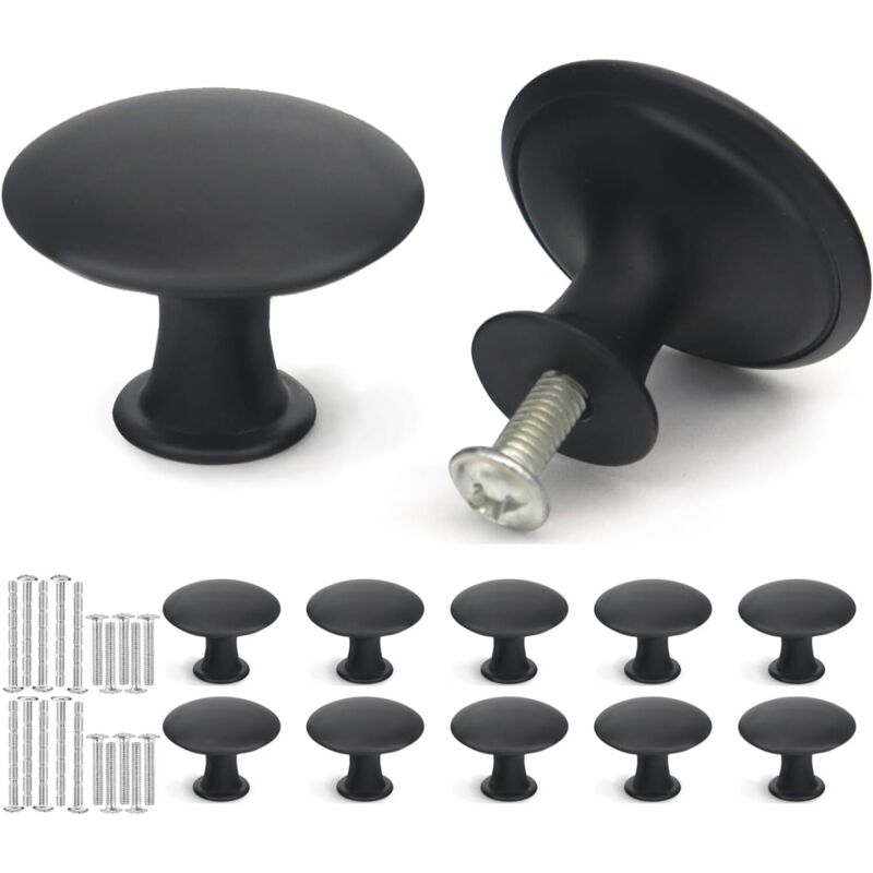 10 schwarze Edelstahl-Schubladengriffe, 30 mm, rund, im Vintage-Stil, für Schränke, Kommoden und Kleiderschränke, inklusive Schrauben