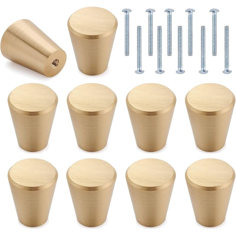 10 Stück Türknöpfe aus goldfarbenem Messing, konischer Einlochgriff 20 x 22 mm für Kommoden, Kleiderschränke, Möbel und Schränke, elegant