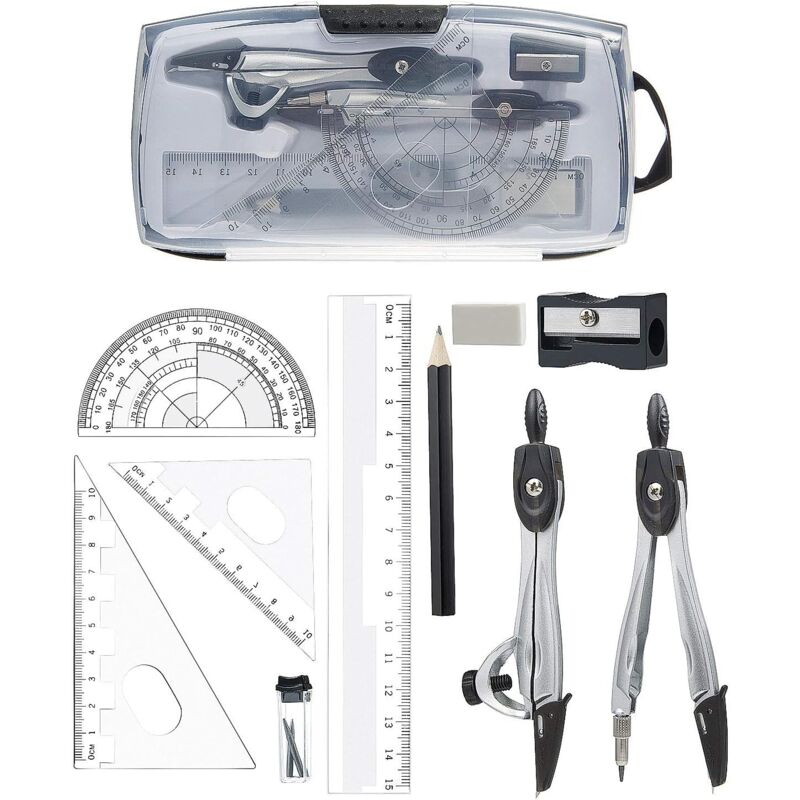 Aougo - 10-teiliges Geometrie-Set – Lineal, Winkelmesser, Kompass, Bleistift, Nachfüllungen, Bleistift, Radiergummi für Studenten des technischen