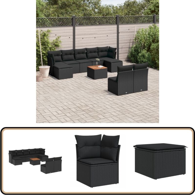 10-tlg. Garten-Sofagarnitur mit Kissen Schwarz Poly Rattan - Gartenmöbel - Outdoor Möbel - Rattan Gartenmöbel - PE-Rattan - Esstisch Set