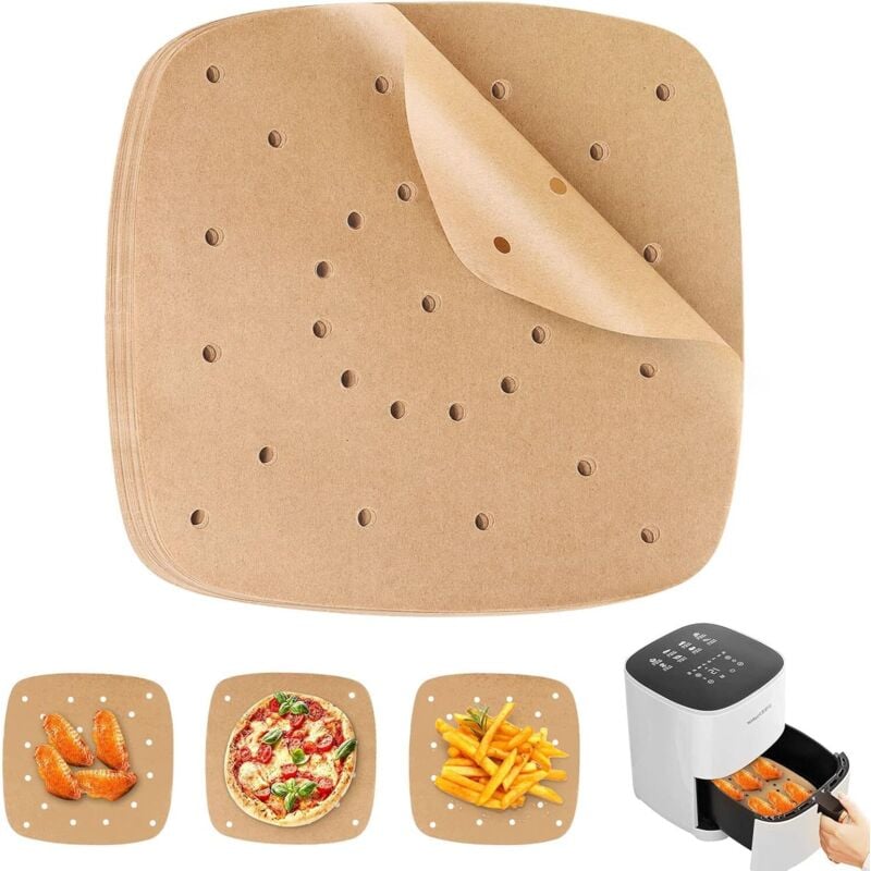100 Air Fryer Backpapier, Perforiertes Air Fryer Backpapier, Einweg-Antihaft-Ölfreies Pergamentpapier Zubehör für Air Fryer Dampfgarer Ofen
