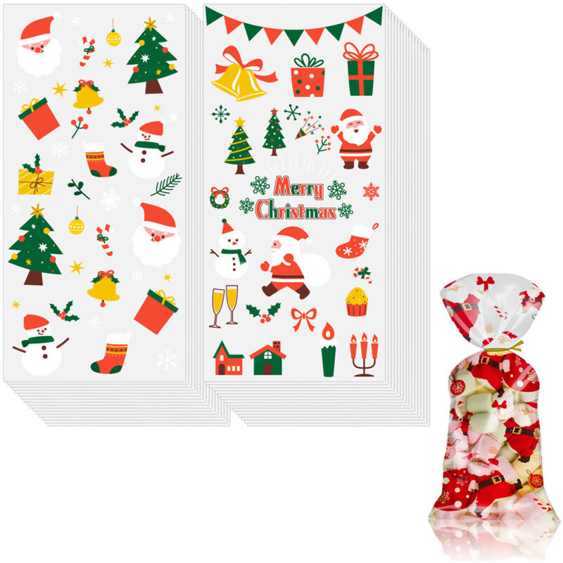 100 Cellophan-Weihnachtsgeschenktüten mit 100 Drehverschlüssen zum Verpacken von Leckereien und Süßigkeiten, perfekt für die Weihnachtszeit.