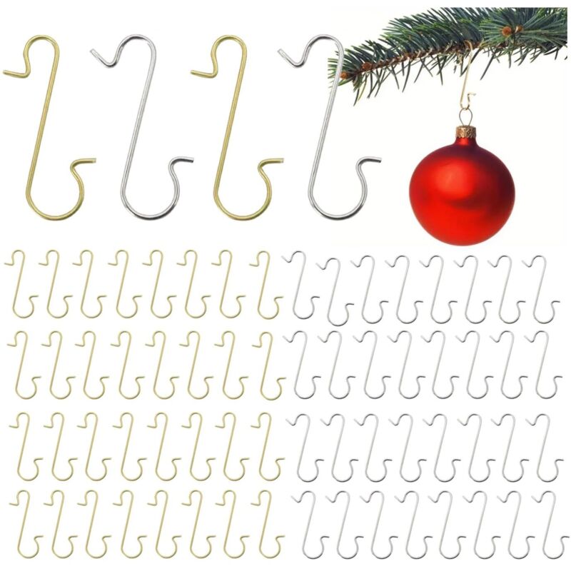 100 goldene und silberne S-förmige Haken für Weihnachtskugeln und -dekorationen (100 Stück, verschiedene Farben)