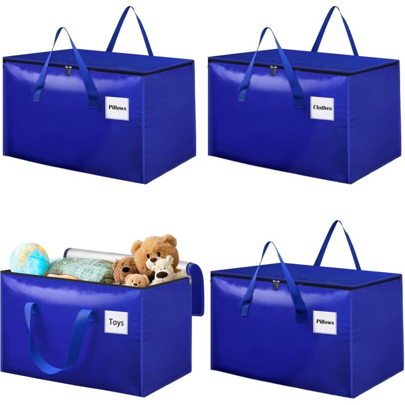 Jalleria - 100 l blau-graue Aufbewahrungstasche aus Polyester, 4er-Pack wasserdichte Umzugstaschen mit Reißverschluss und Griff, Aufbewahrungsbox für