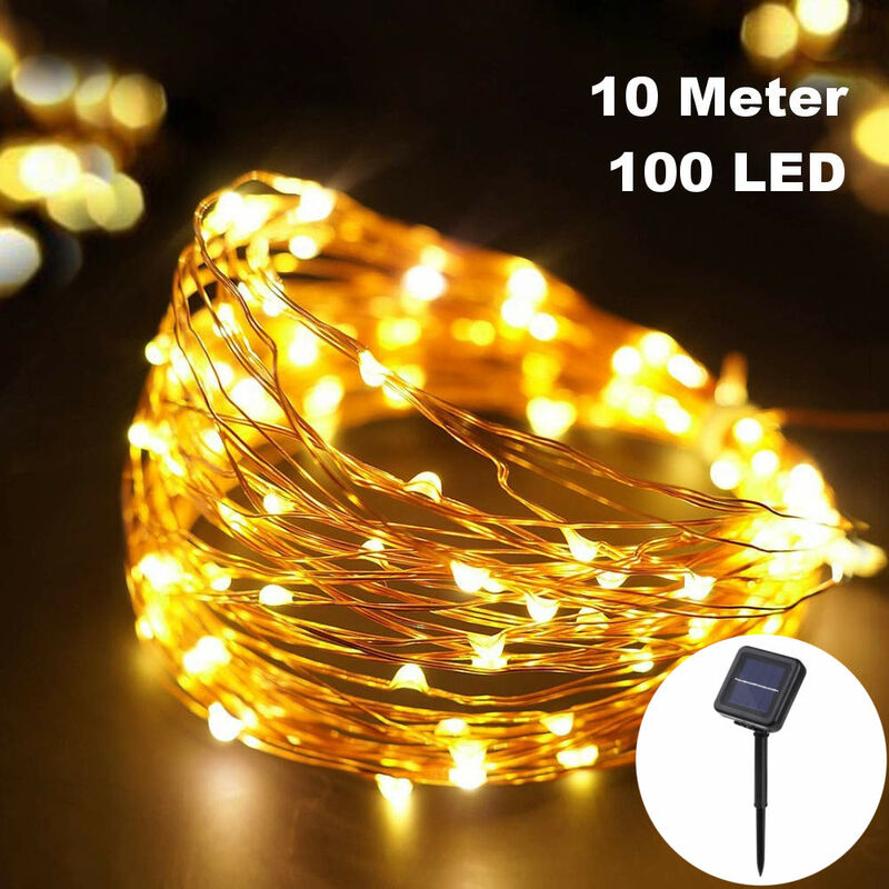 100 led / 10 Meter Solar Draht-Lichterkette Deko Warm-Weiß zum Schmücken Deko Party Licht Beleuchtung