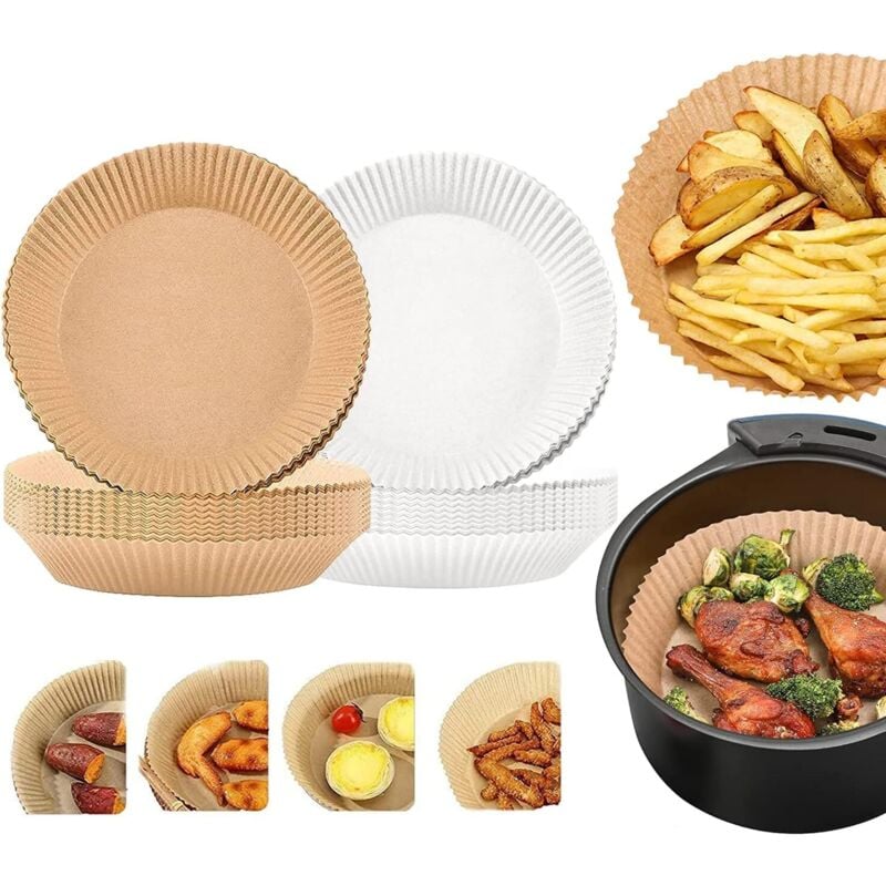 100 Stück Air Fryer Pergamentpapier, Air Fryer Papiereinlage, wasserdichtes, ölbeständiges, rundes Pergamentpapier für den Ofen (weiß und braun)