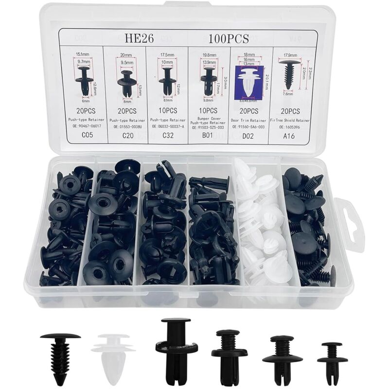 100 Stück Auto-Befestigungsclips, Kunststoffnieten in 6 Größen, Autoteile, Autoclips, Karosserieclips für Stoßstange, Autotür, Kotflügel, Ersatz-Set