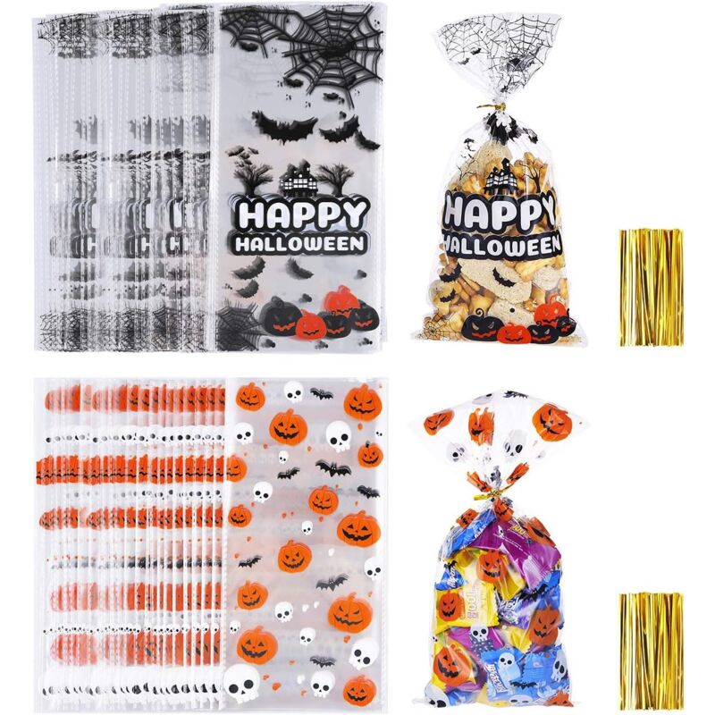 100 Stück Halloween-Zellophan-Süßigkeitstüten, transparente Geschenktüten mit 100 Stück Drehbändern für Halloween-Partyzubehör