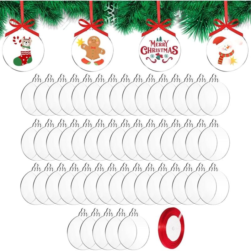 100 Stück klare Weihnachtskugeln aus Acryl mit Band, flache Kugeln zum Basteln, transparente Acrylscheiben als Christbaumschmuck, 7,6 x 7,6 cm