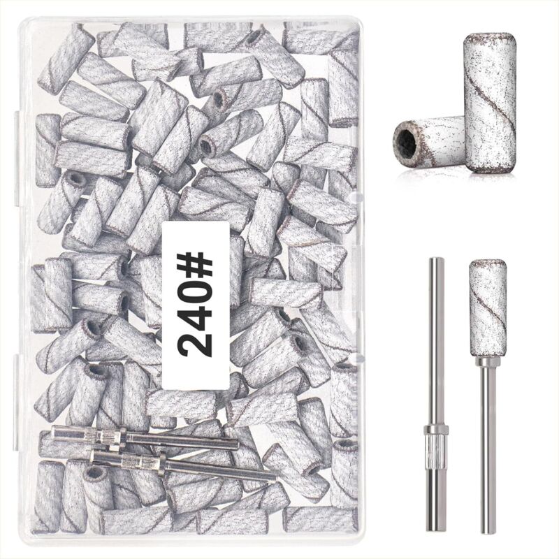 100 Stück kleine Schleifbänder (Körnung 240) für Nagelfräser mit 2 Stück 3/32''-Aufsatzdornen, kleine Schleifplatten für Nägel Nr. 240, weiß