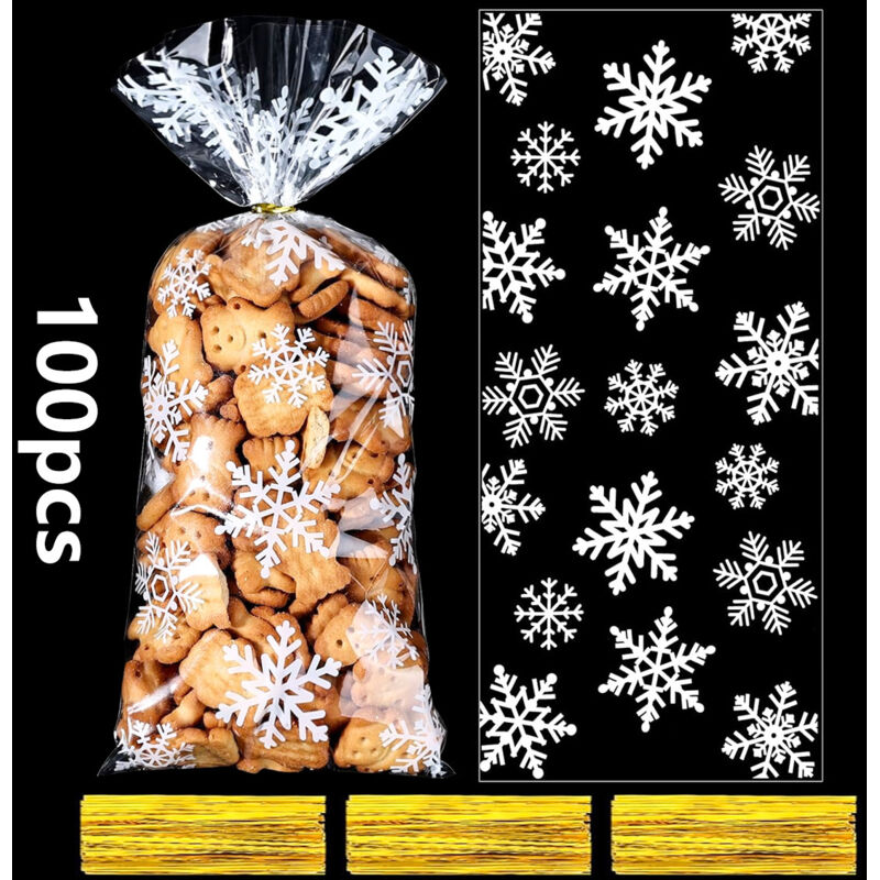 100 Stück Weihnachts-Plastiktüten für Süßigkeiten und Kekse, Weihnachtsgeschenktüten mit Drehverschlüssen für Weihnachtsparty-Zubehör