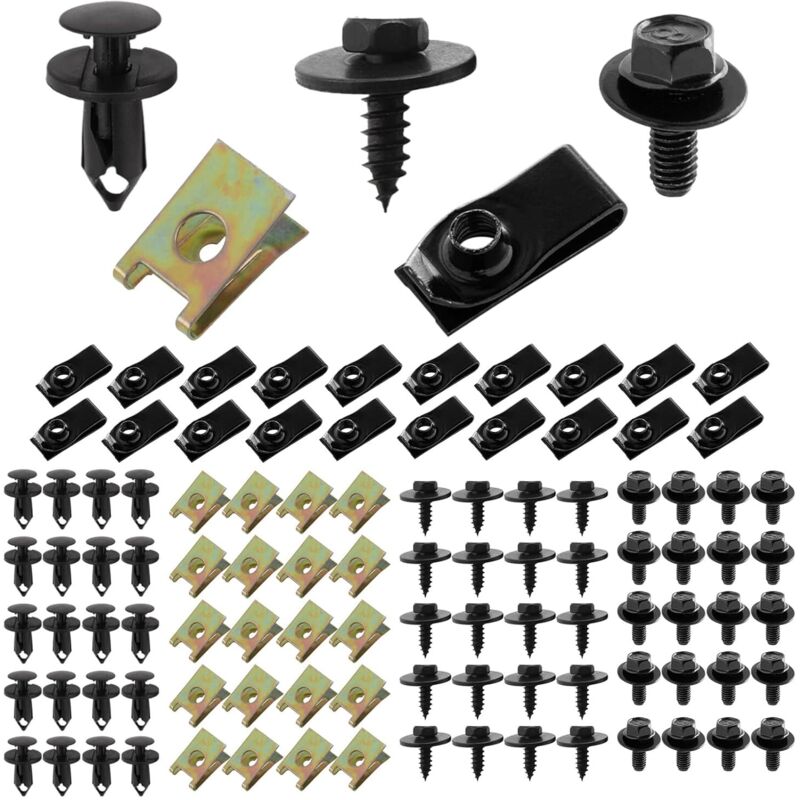 100-teiliges Kfz-Befestigungsset mit Schrauben und Bolzen, U-Clips und Karosserieschrauben mit Sechskant-Blechschrauben, Kfz-Befestigungsclips für