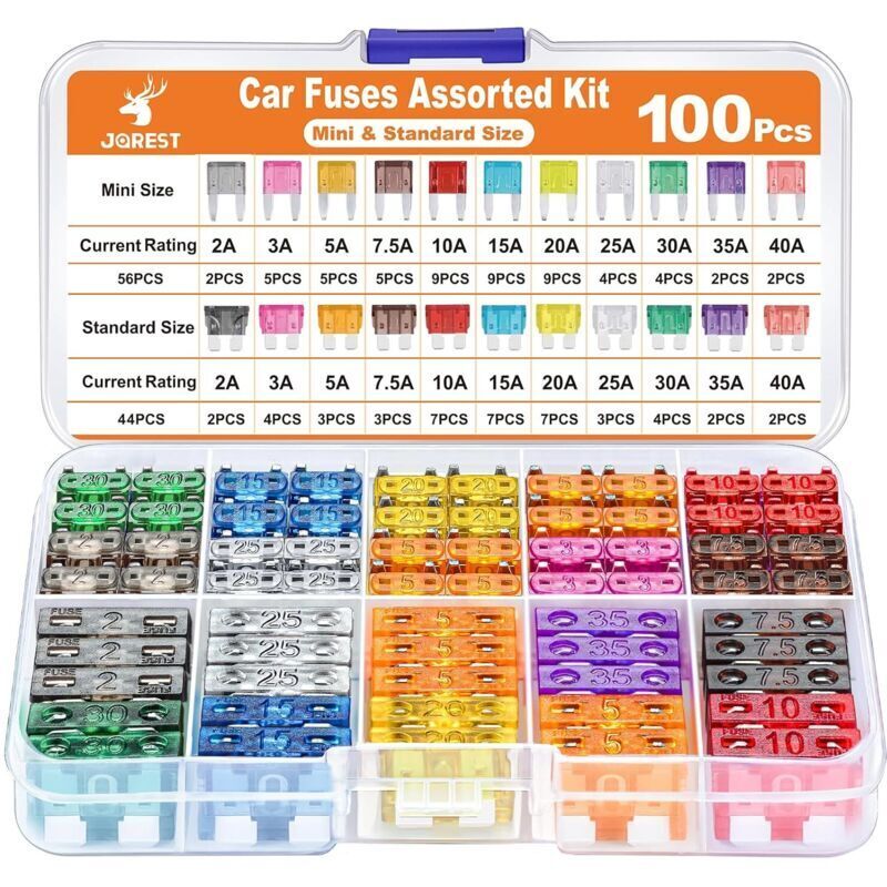 100-teiliges Kfz-Sicherungsset – 56 Mini-Kfz-Sicherungen + 44 mittlere Kfz-Sicherungen + 1 Sicherungsauszieher, Kfz-Sicherungen für