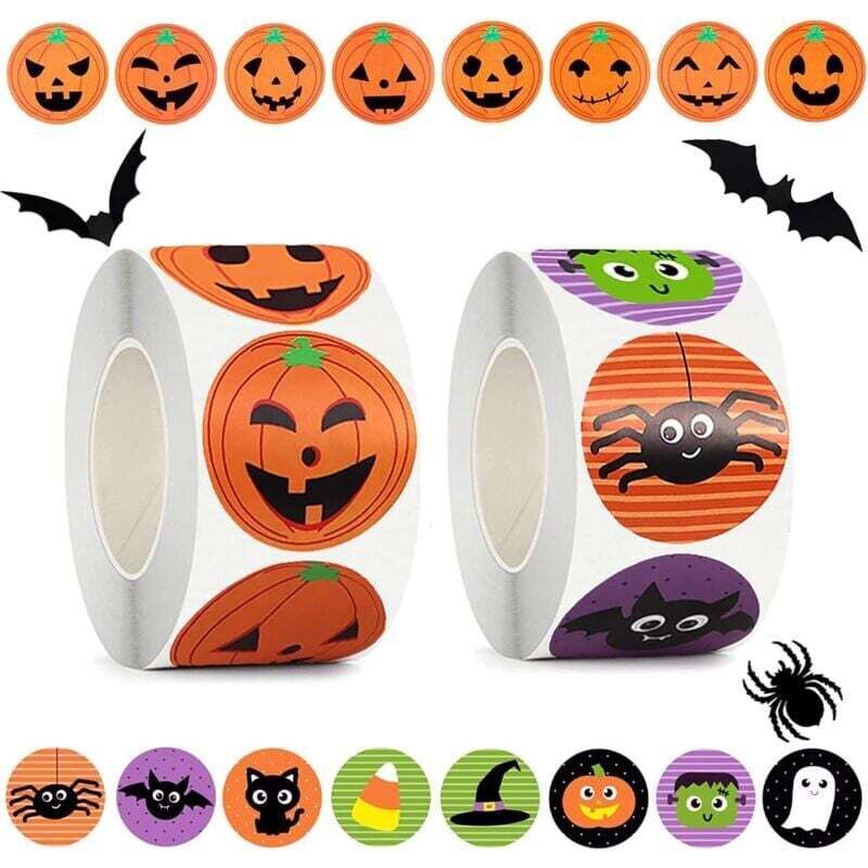 1000 Halloween-Sticker: 2 Rollen mit je 500 Byhoo-Halloween-Stickern, insgesamt 1000 Bögen. Das erste Set enthält 8 verschiedene Kürbis-Sticker.