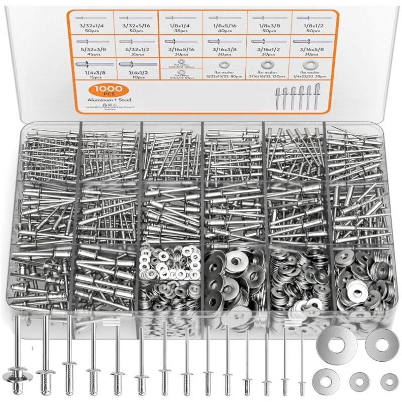 1000-teiliges Sortiment an Aluminium-Blindnieten, 14 Größen (3/32 Zoll, 1/8 Zoll, 5/32 Zoll, 3/16 Zoll, 1/4 Zoll) mit 5 Verstärkungsscheiben aus