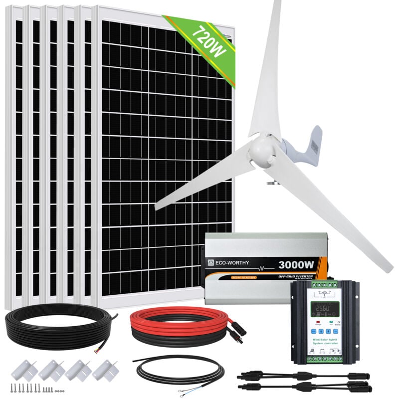 Eco-worthy - 1120W 24V Solaranlage Hybrid Kit mit 400W Windgenerator,6 Stück 120W Mono Solarpanel Solarmodul und 3000W 24V Wechselrichter für Haus,