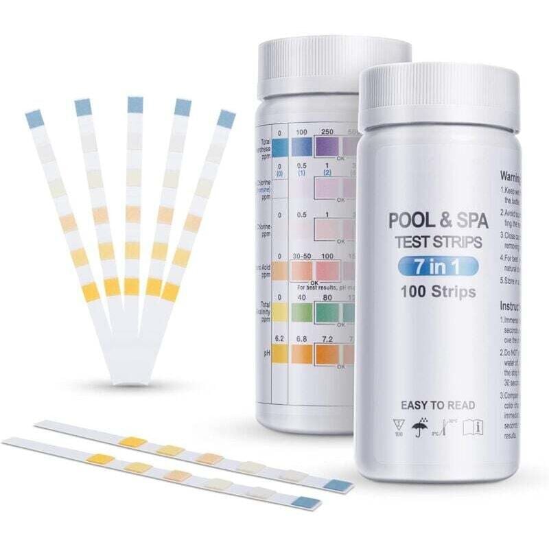 100er-Packung Pool-Teststreifen, 7-in-1-Pool-Teststreifen für Pool, Spa und Whirlpool, Wasserqualitätsanalyse – Gesamthärte, Brom, freies Chlor,