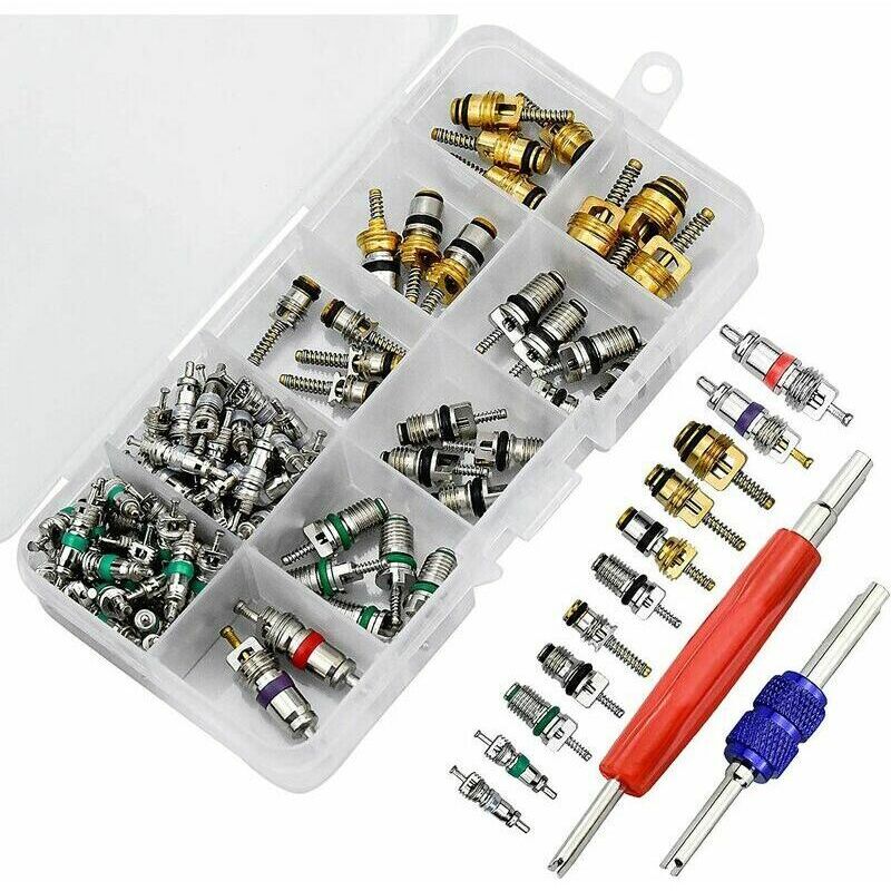 102-teiliger Klimaanlagen-Ventileinsatz, R134A-Ventilschafteinsätze für Kfz-Klimaanlagen mit Entfernungswerkzeug für die Reparatur von