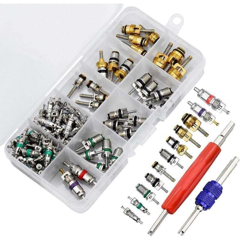 102-teiliges Set Klimaanlagen-Ventileinsätze, R134A Kfz-Klimaanlagen-Ventilschafteinsätze mit Ausbauwerkzeug für die Reparatur von Kfz-Klimaanlagen