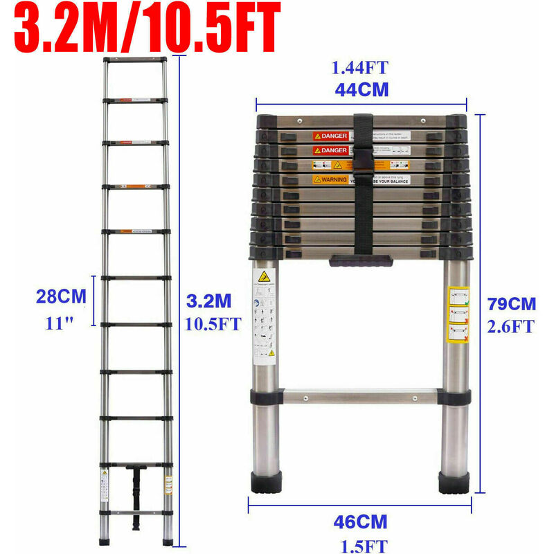 10.5FT Höhe Teleskopleiter 3,2M Ausziehbare Leiter, Klappleiter Stehleiter Rutschfester, aus hochwertigem Edelstahl, Ausziehleiter Mehrzweckleiter,